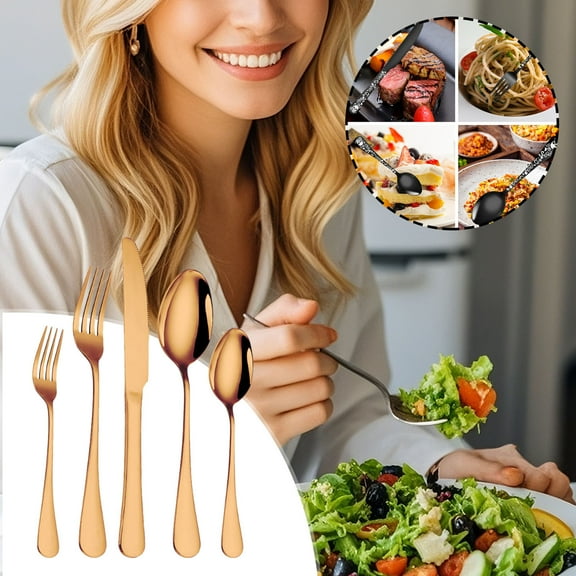 5-Piece Stainless Steel Silverware Set, Heavy Duty Stainless Steel Flatware Utensils Cutlery Set Including Steak Knife Fork and Spoon, Dishwasher Safe, 18/10 Steel, Amber