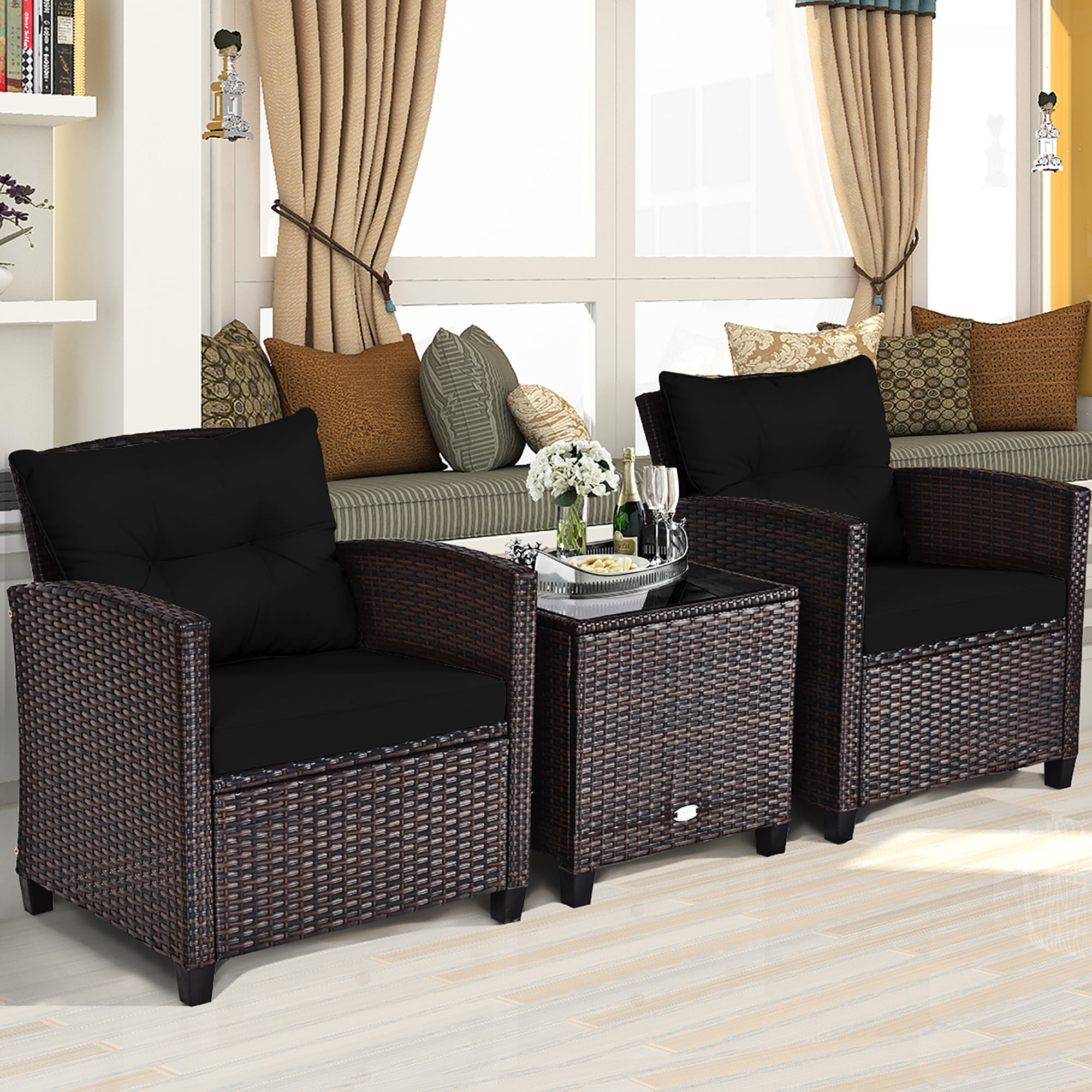 Costway 3PCS Patio Rattan Furniture Set Cushion Conversation Set Sofa Coffee Table Black