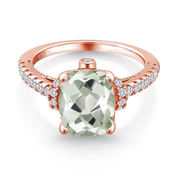 Gem Stone King 3.00 Cttw Green Prasiolite and White Created Sapphire 18K Rose Gold Plated Silver Ring for Women | Cushion 10X8MM | Gemstone Birthstone (Size 5)