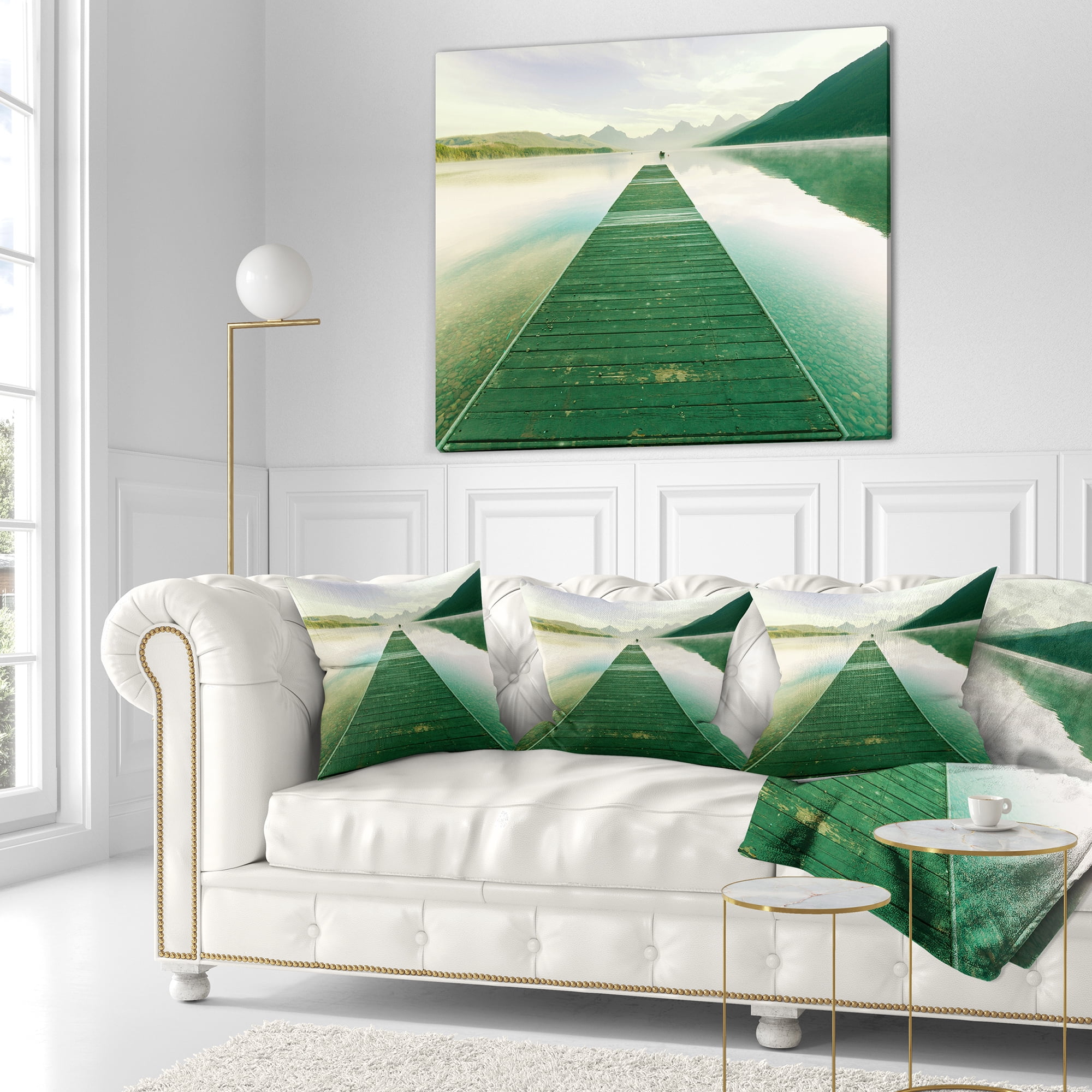Designart Green Wood Pier At Glacier Park - Seashore Throw Pillow - 18x18