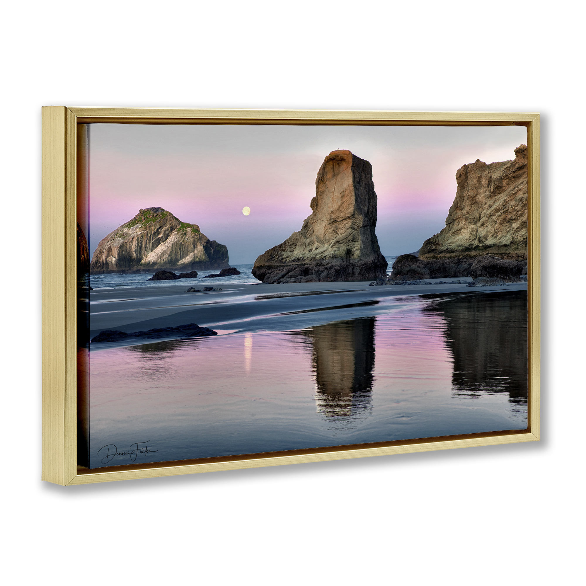 Stupell Industries Moonlit Beach Cliffs Landscape Photography Gold Floater Framed Canvas Art Print Wall Art, 31 x 21