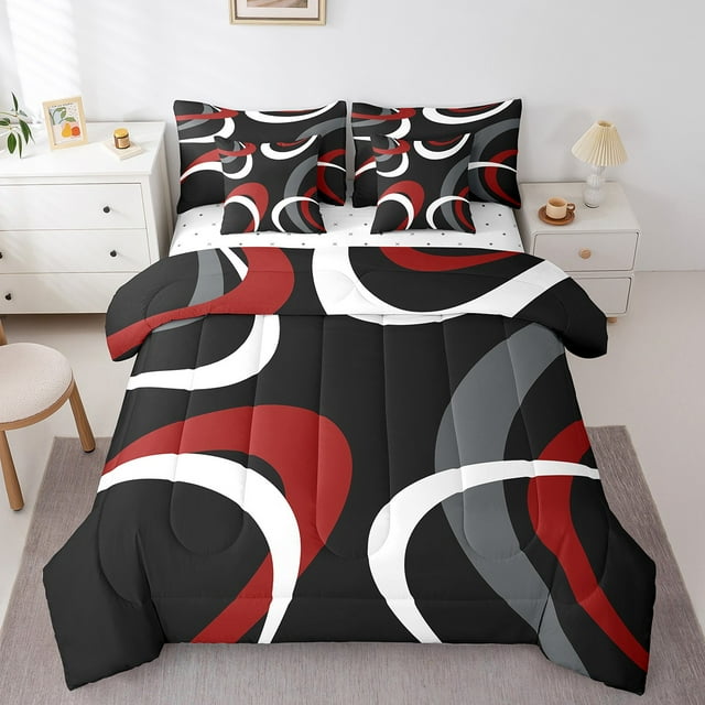 Erosebridal Black and White Red Bedding Sets Full Size, Abstract Line Comforter Sets with Sheets, Geometry Home Decor Lightweight 7pcs