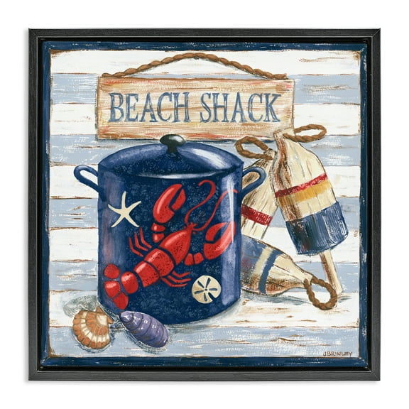 Stupell Industries Beach Shack on Stripes Nautical & Beach Painting Black Floater Framed Canvas Art Print Wall Art, 18 x 18