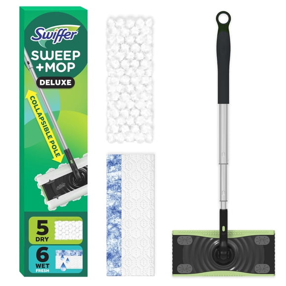 Swiffer Sweep and Mop Deluxe, 2 en 1 Kit de Limpieza y Barrido de Suelo, 1 Dispositivo, 5 recambios de Barrido, 12 recambios de fregona