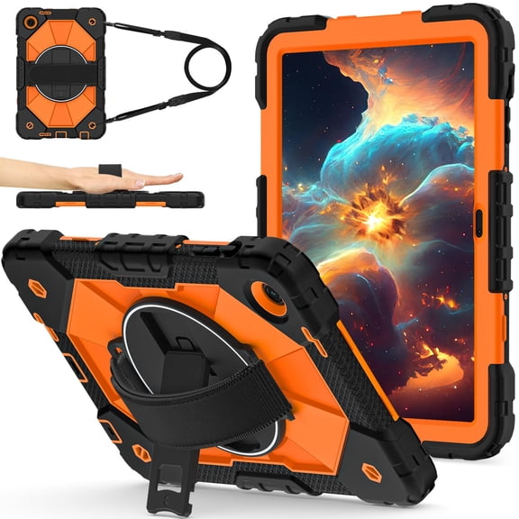 ELEHOLD Rugged Hybrid Case for T-Mobile Revvl Tab 2 2025 10.1-inch,with Built-in Kickstand 360° Rotating Handstrap Pencil Holder Crossbody Shoulder Strap Shockproof Heavy Duty Case,Black/Orange