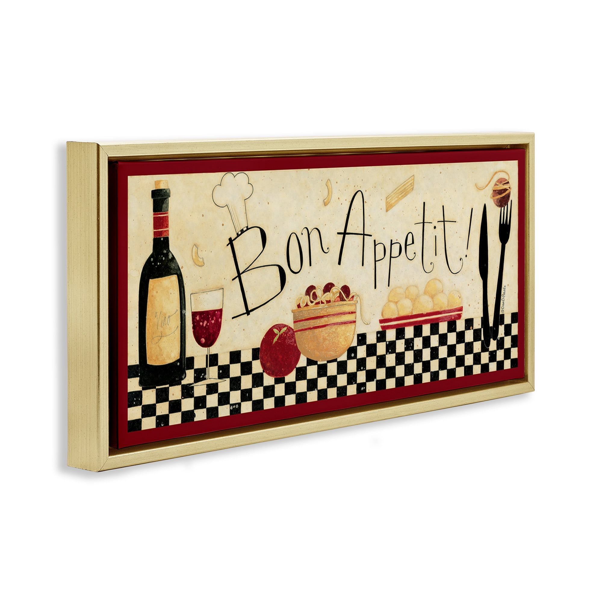 Stupell Industries Bon Appetit Traditional Kitchen Food & Beverage Painting Gold Floater Framed Canvas Art Print Wall Art, 25 x 11