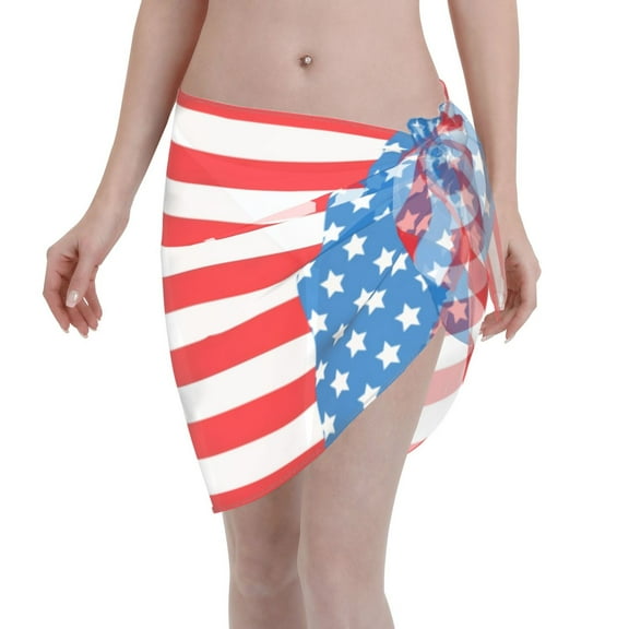 Women America Flag Sarong Coverups Chiffon Short Swimsuit Wrap Skirt Beach Bikini Tie Cover Up Wraps