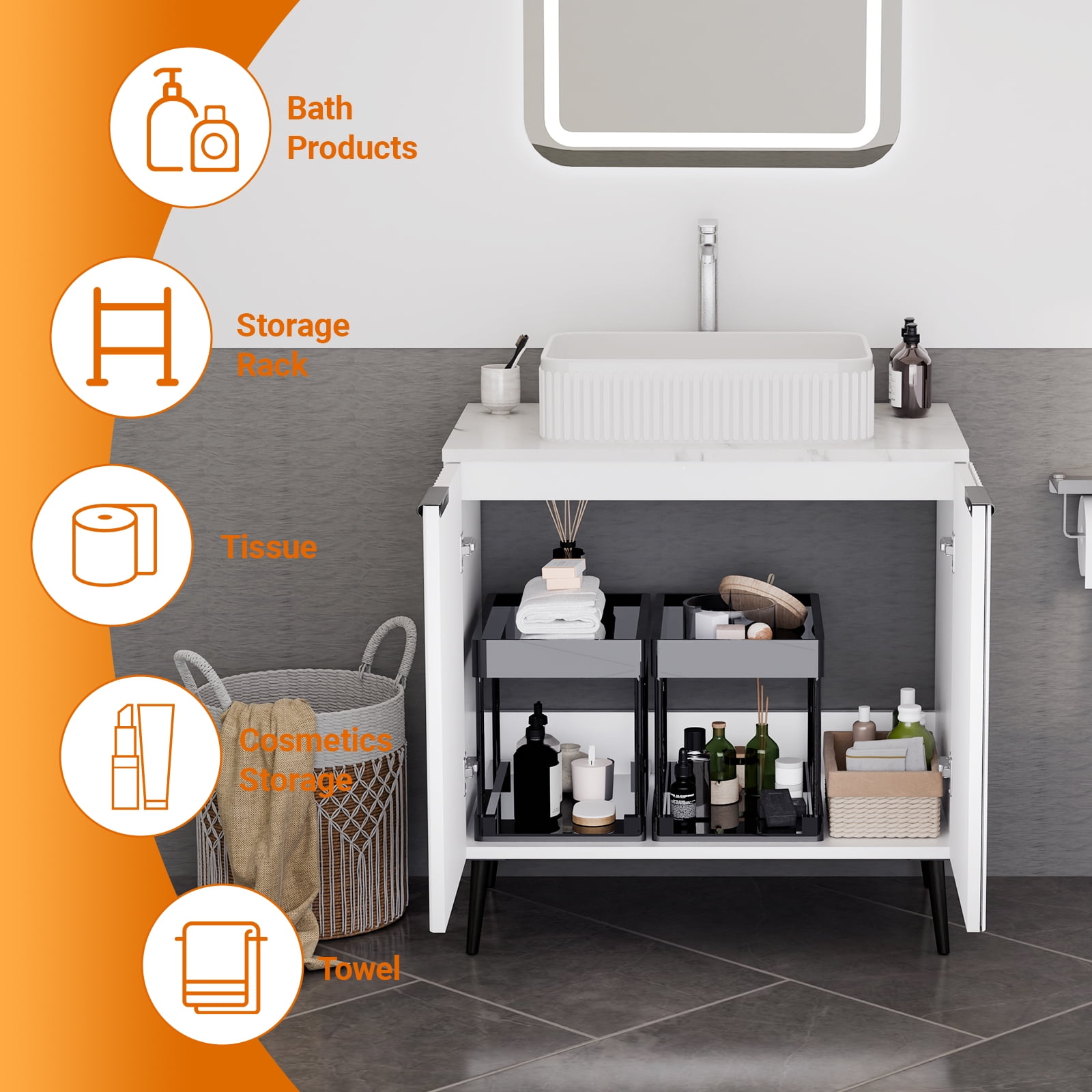 30" White Modern Bathroom Vanity Without Sink, Bathroom Storage Cabinet with 2 Soft Closing Doors, Freestanding Cabinet with Metal Handles (White Without Sink, 30")