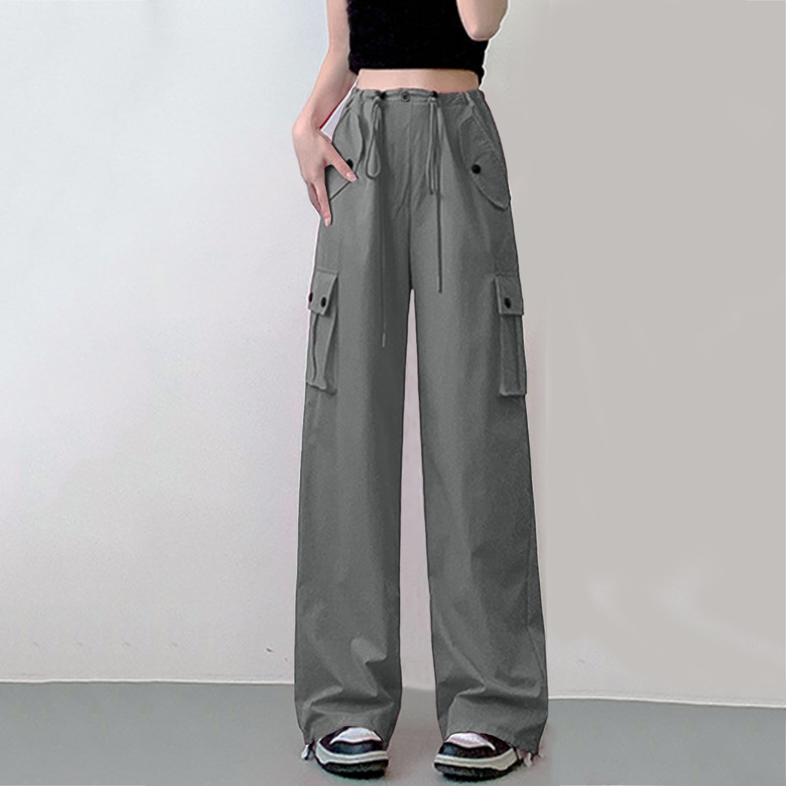 Hfolob Womens Casual Pants Retro Work Pants For Women's Spring Autumn 2024  Waisted Casual Straight Leg Sports Wide Leg Pants Trend Relaxed Fit