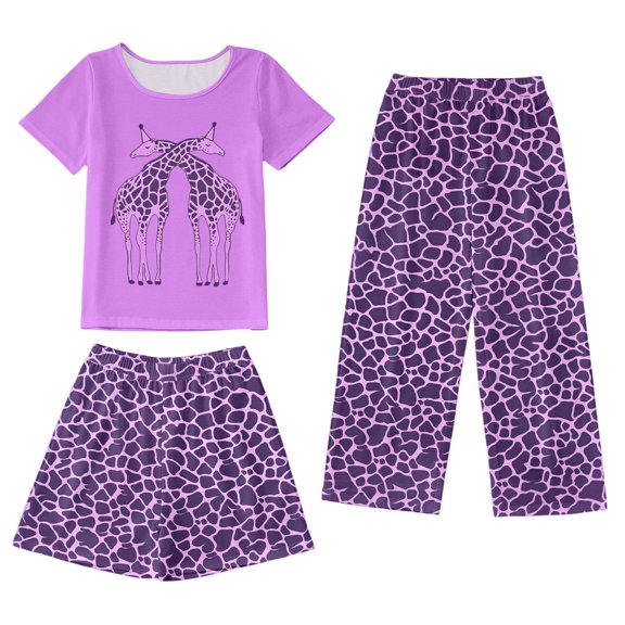 BOOMNY Child Girls Pajamas Sets 3 Peice Graphic Short Sleeve Sleepwear Tops Pants Shorts Pjs Set for Kids Cozy Loungewear Homewear