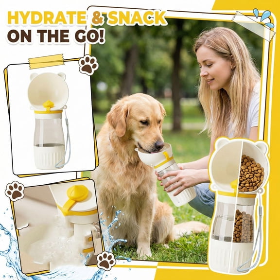 Dog Water Dispenser, Dog Food and Water Dispenser, 8Oz Water, 6Oz Kibble, Portable Drinking Cup, Plastic Water Dispenser, off-White, 1 Pc, Wrist Strap, Pet Travel Essentials for