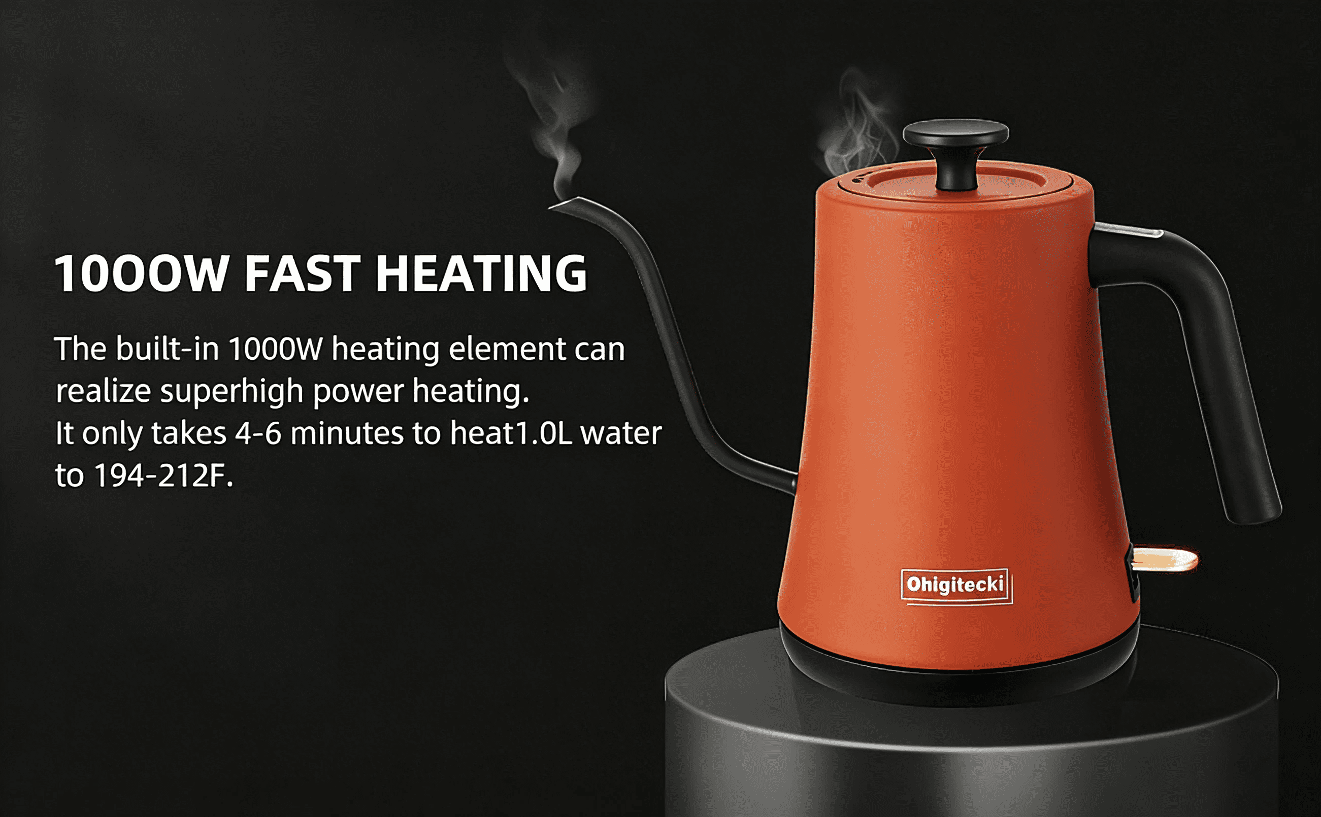 Electric Hot Water Kettle 1.0L, Gooseneck Spout Black Stainless Steel Coffee Pot with Built-in Temperature Gauge(orange)