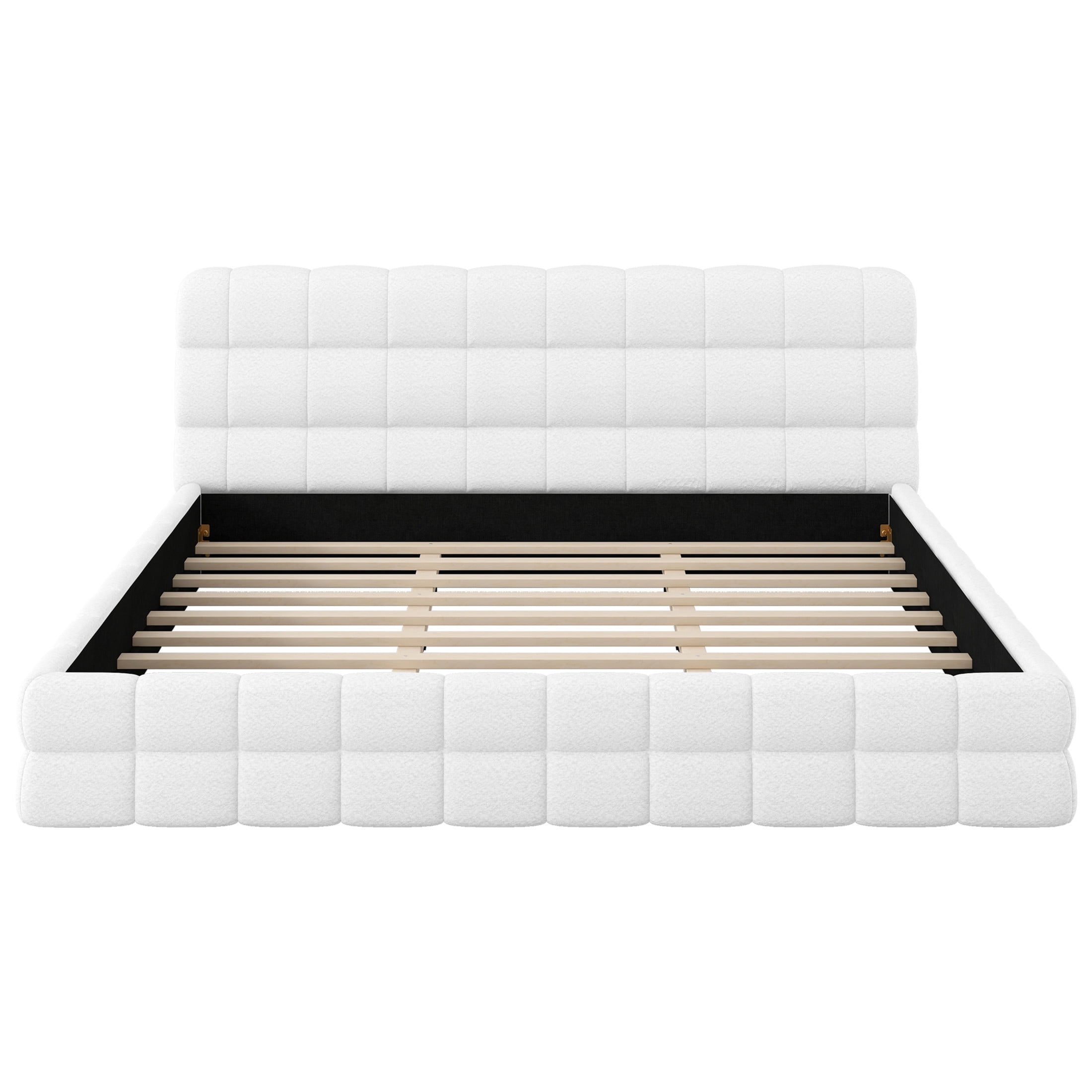 Noble House King Size Upholstered Platform Bed, Berber Fleece Bed Frame with Foam Headboard, Modern Design, White