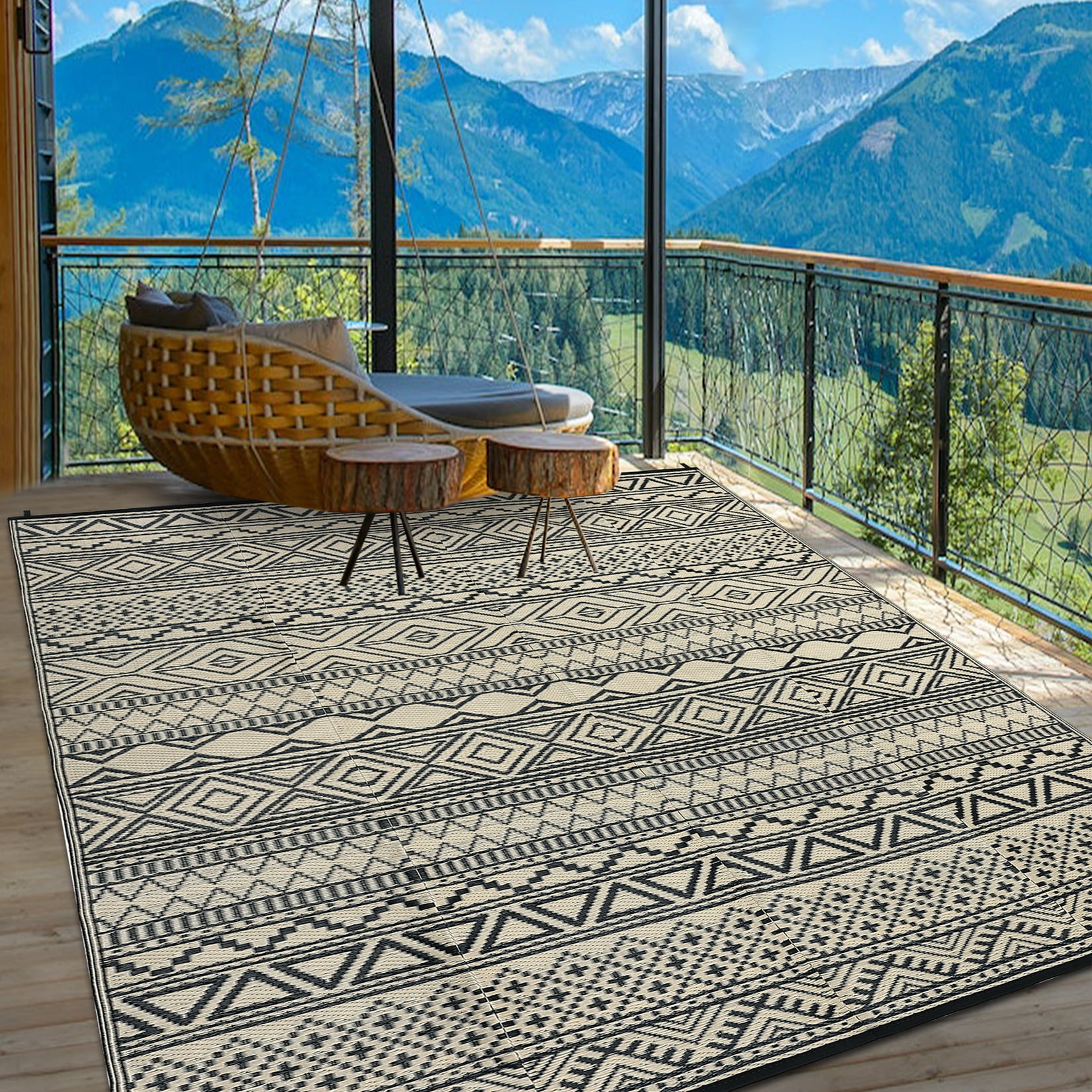 Garvee 9'x12' Plastic Outdoor Rugs, Bohemia Waterproof Straw Rug Reversible Indoor Outdoor Carpet for Patio Deck Porch Backyard Camping Picnic Beach, Black & Brown