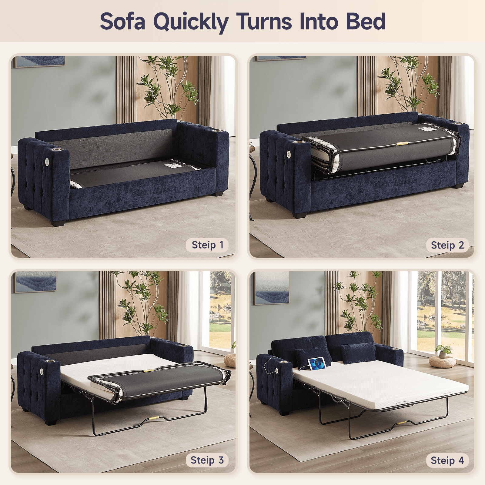 Onbrill Mid-Century Modern Chenille Sofa Bed with Full Size Memory Foam Mattress, USB Charging and Space-Saving Design, Blue