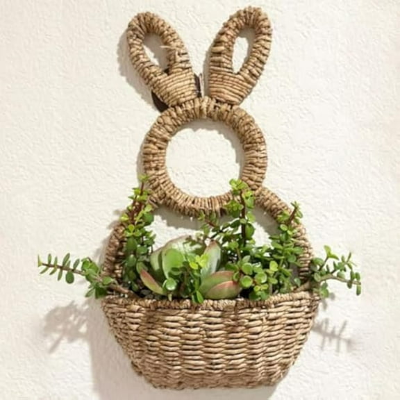 Bunny Basket Hanging Wall Pocket Spring Decor,2025 Easter Bunny Hanging Ornament,Woven Rabbit Statue Spring Wreath,Unlined Bunny Basket Makes Decorate for Flowers, Easter Eggs, Gifts