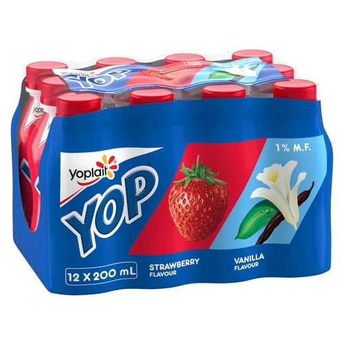 Paquet de yogourts à boire Yoplait Yop 1 %, fraise et vanille, boissons au yogourt, 200 mL, 12 unités 200 mL