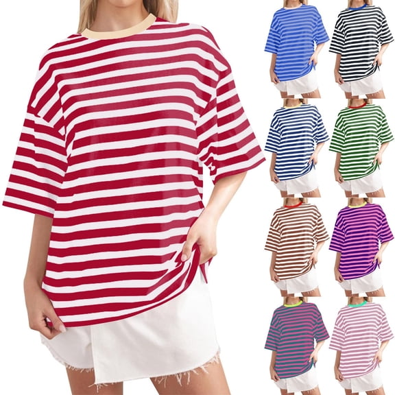 QHWAUAKFBN Womens T Shirts Graphic Striped Round Neck Short Sleeve Spring Minimalist Wear Comfortable Striped Tee Tshirts Top