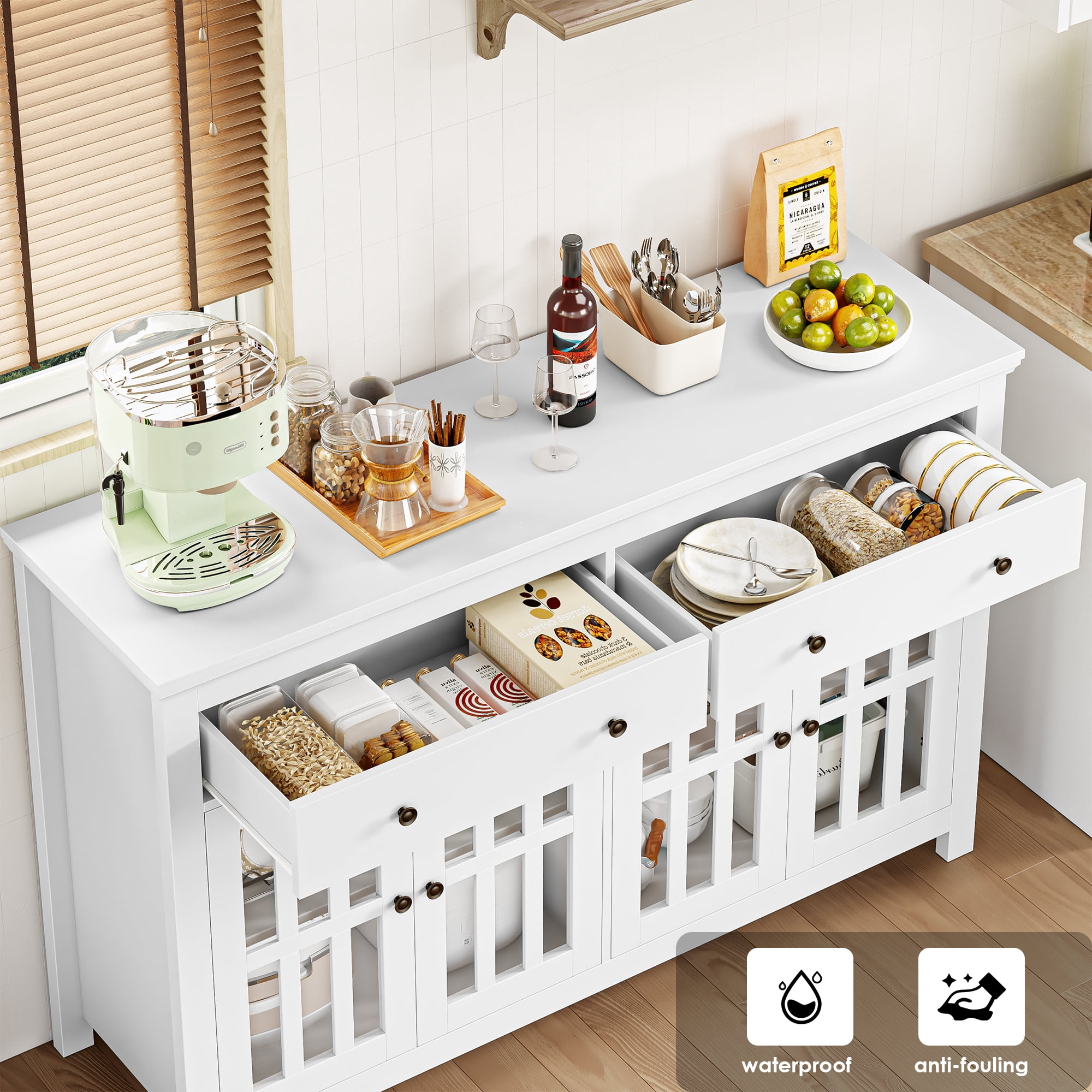 Homfa Kitchen Buffet Sideboard, Modern Wood Storage Cabinet with 4 Glass Doors & 3 Adjustable Shelves for Dining Room, White