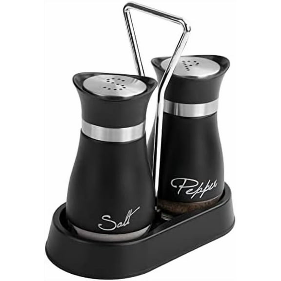 2 PCS - Stainless Steel and Glass Salt and Pepper Shaker Sets with Holder (BLACK)