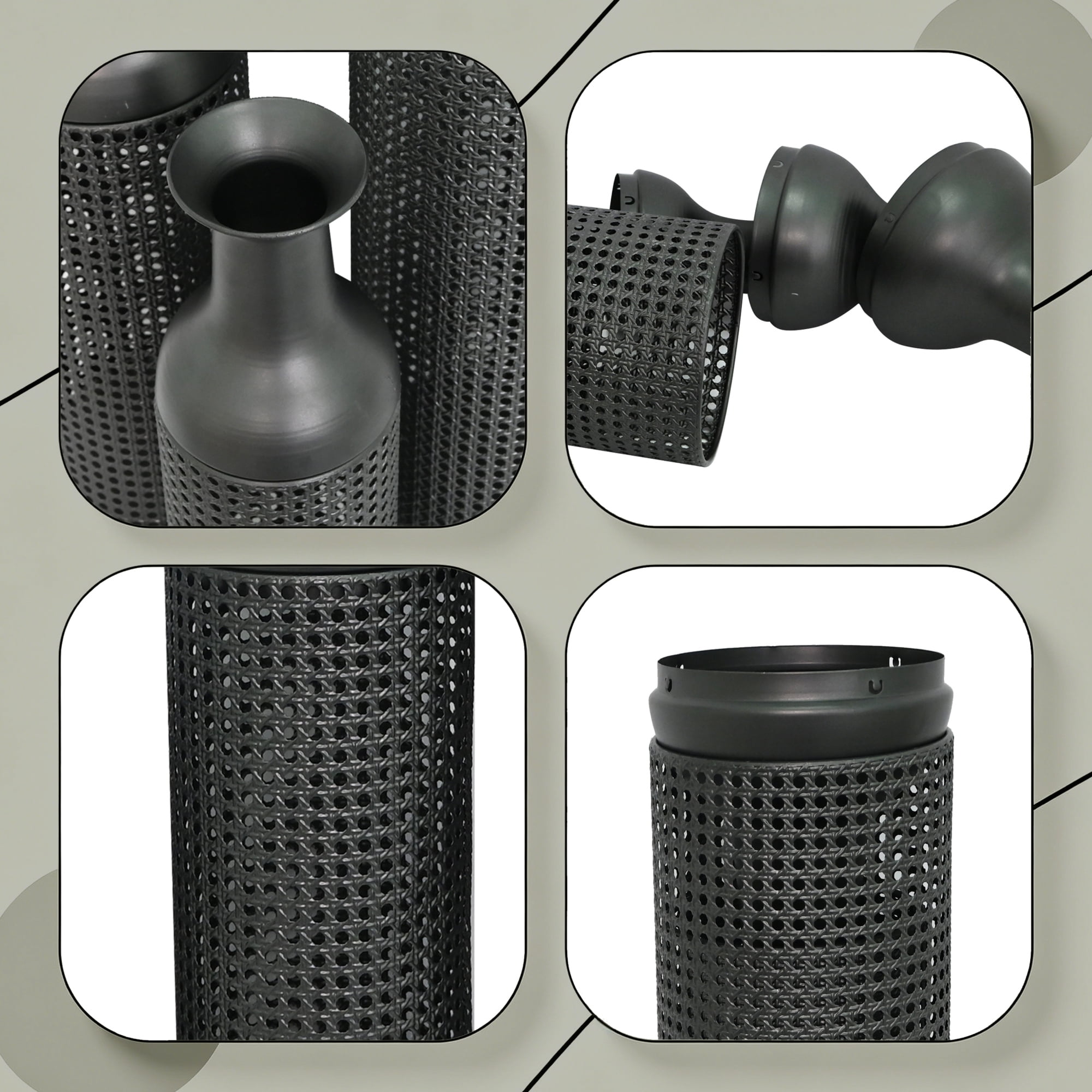 Leumius Decorative Metal Vases Set of 3, Black Grey Leaf Pattern Floor Vases, Black & Grey Tall Vases for Home Decor, Living Room Entryway Decor