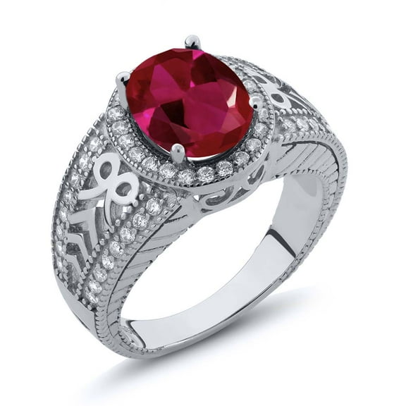 Gem Stone King 925 Sterling Silver Red Created Ruby Ring for Women (3.99 Cttw, Gemstone July Birthstone, Oval 10X8MM, Size 6)