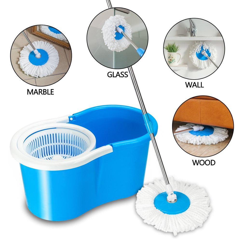 360°Easy Clean Floor Spin Mop & Bucket 2 Heads Microfiber Rotating Head Blue 