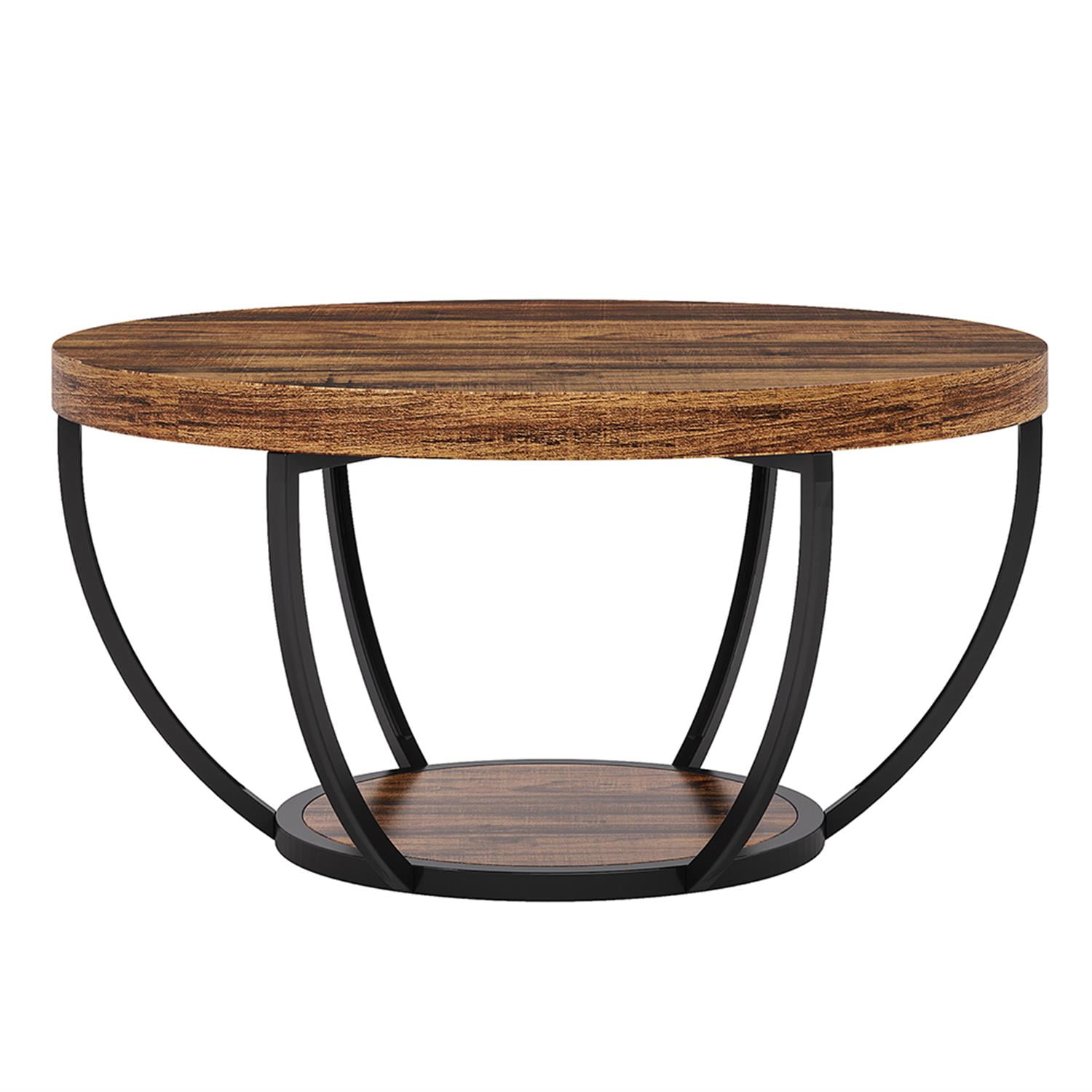 Demi Bonn Wooden Coffee Table, 2-Tier Round Central Cocktail Table with Shelves for Living Room, Rustic Brown