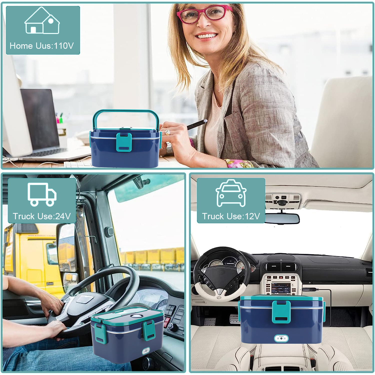 Romanda 1.8L Electric Heated Lunch Boxes for Adults 12V/24V/110V Portable Electric Lunch Box for Car/Office/Home – Leak Proof, 304 Stainless Steel Container, SS Fork & Spoon and Carry Bag - Sky Blue