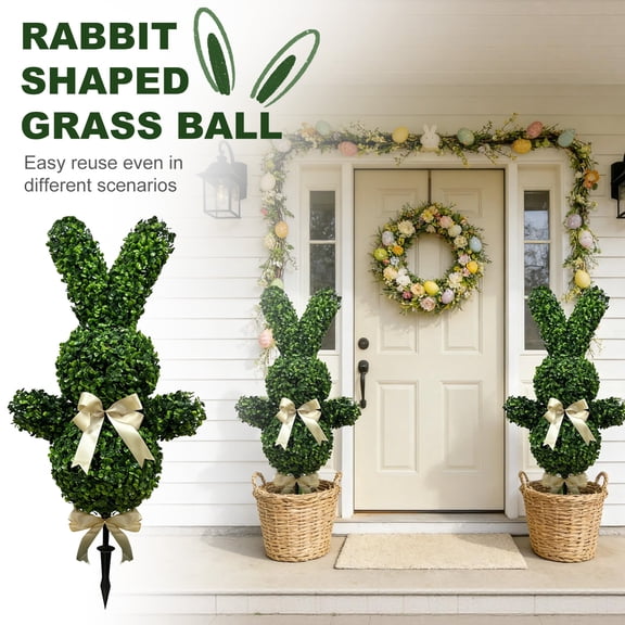 Large Outdoor Easter Bunny Topiary Stake, 35.43 Inch Faux Rabbit Shaped Artificial Plant for Garden, Patio, and Yard Decor