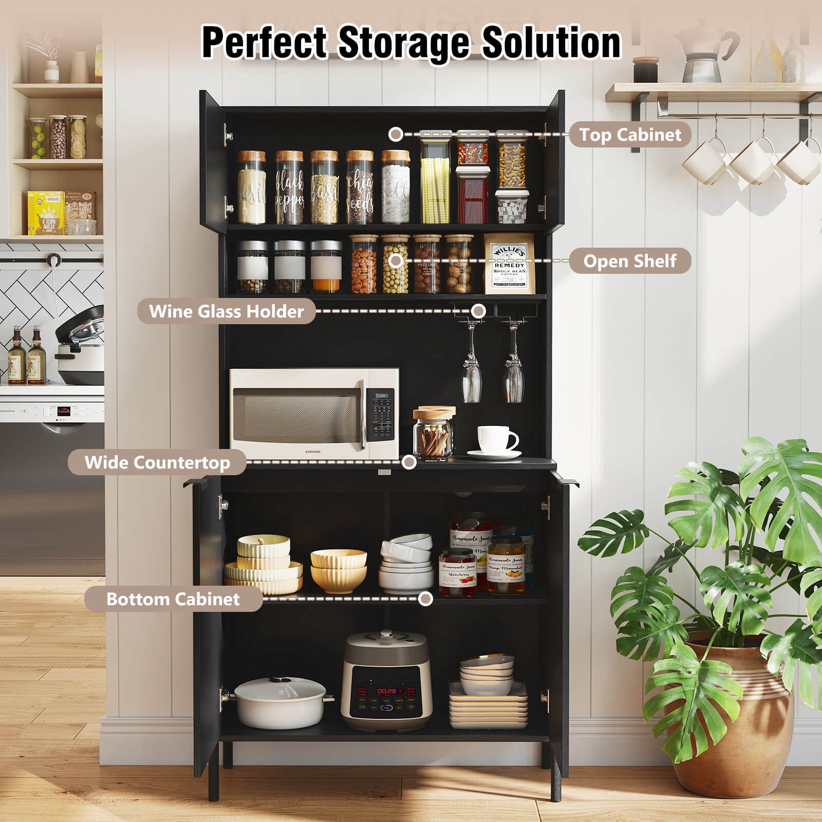 Costway 64.5” Kitchen Pantry Cabinet with Charging Station Wine Glass Rack Adjustable Shelf Black