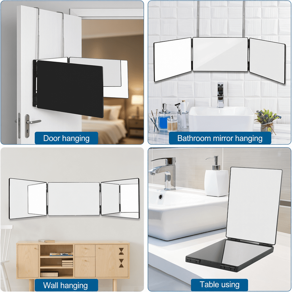 3 Way Mirror for Self Hair Cutting, 360° Adjustable Trifold Mirror, Hanging Self Barber Mirror with Telescoping Hooks, Portable Styling Mirror (Black)