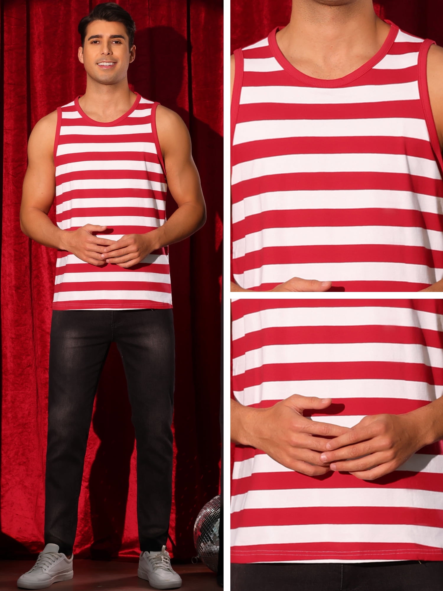 DARING DIVA Men's Stripes Tank Sleeveless T-Shirt Crew Neck Striped Vest L Red White