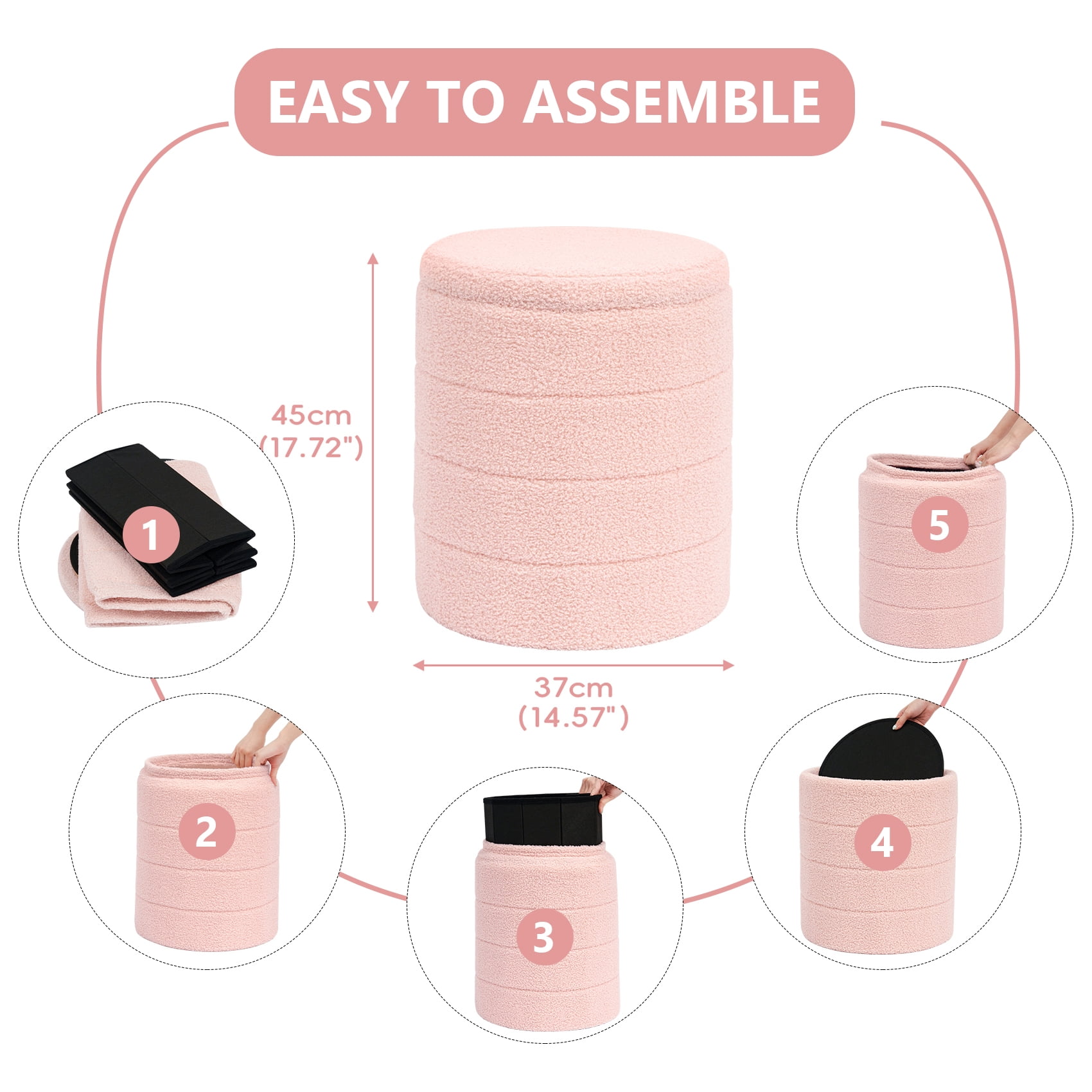 B FSOBEIIALEO 14.6inch Collapsible Storage Ottoman Round with Tray Teddy Fabric Living Room Bedroom Ottoman with Storage(Pink)