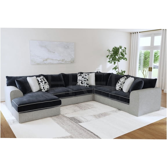 JERFIT Modern 5-Seat L-Shaped Sectional Sofa Couch with Pillows for Living Room, Black and Gray Two-Tone Fabric