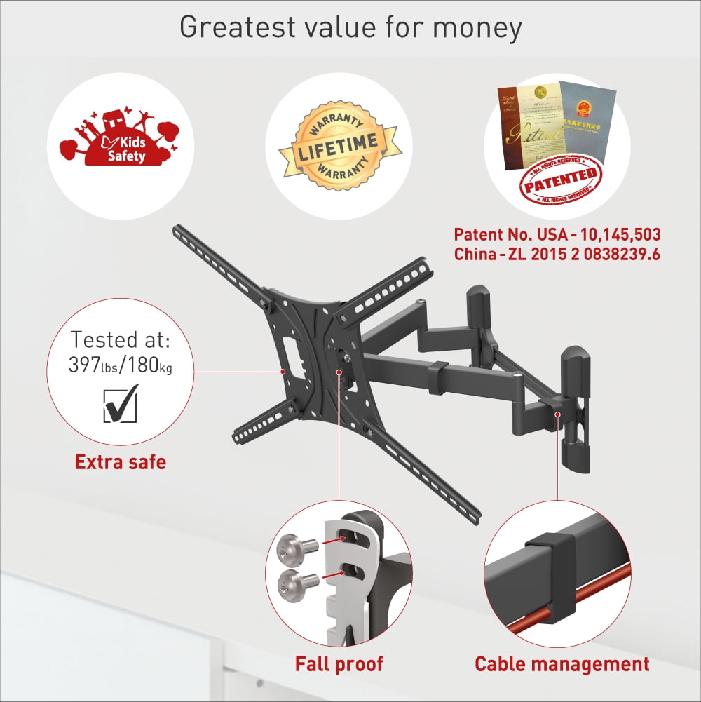 Barkan TV Wall Mount, 13 - 90 inch Patented Full Motion Flat / Curved Screen Bracket, Holds up to 132lbs, Extra Stable, Fits LED OLED LCD
