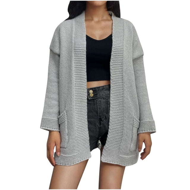 Yuyuzo Cardigan Sweater for Women Long Sleeve Solid Color Open Front Knit Fall Outwear with Pocket