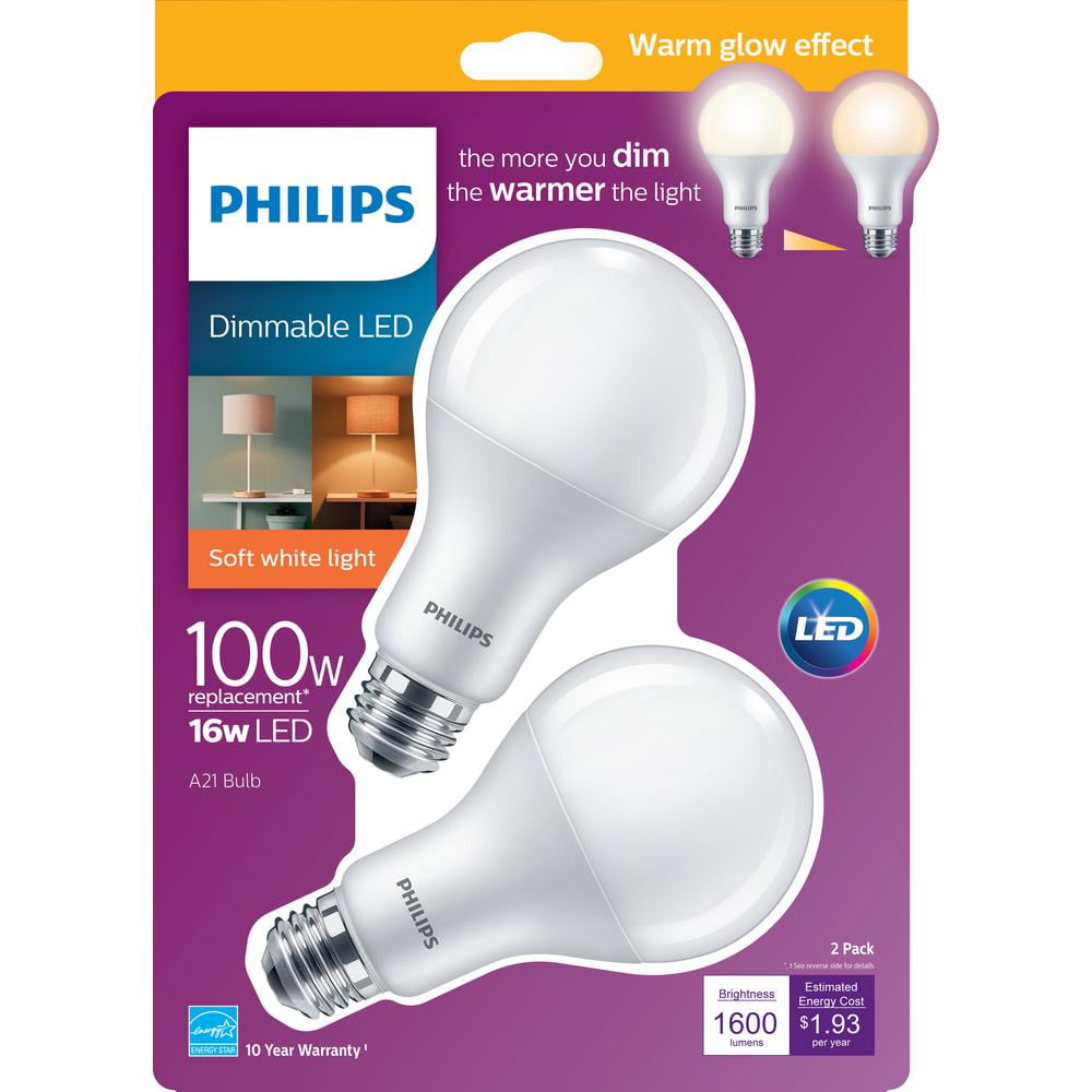 Piece Philips LED 472399 100 Watt Equivalent Frosted A21 Dimmable LED Energy Star with Warm Glow Effect Light Bulb 4 Pack 