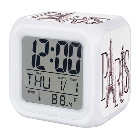 PARIS Digital Alarm Clock for Bedrooms,Smart LED Alarm Clock with 7 Color Changing Night Light,Pink Eiffel Tower Romantic Floral Leaves Couple Silent Wake Up Clocks for Sleep Study Cooking 3.2x3.2