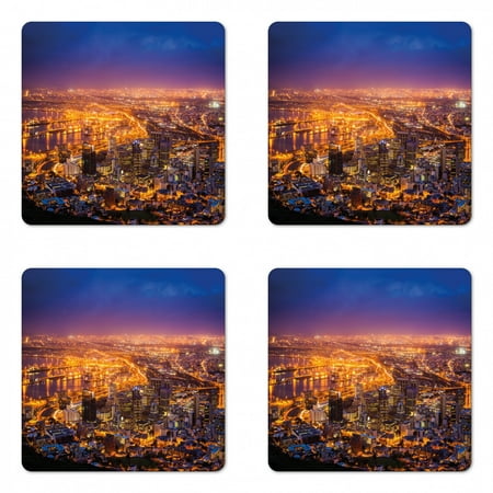 

City Coaster Set of 4 Cape Town Panorama at Dawn South Africa Coastline Roads Architecture Twilight Square Hardboard Gloss Coasters Standard Size Marigold Blue Pink by Ambesonne