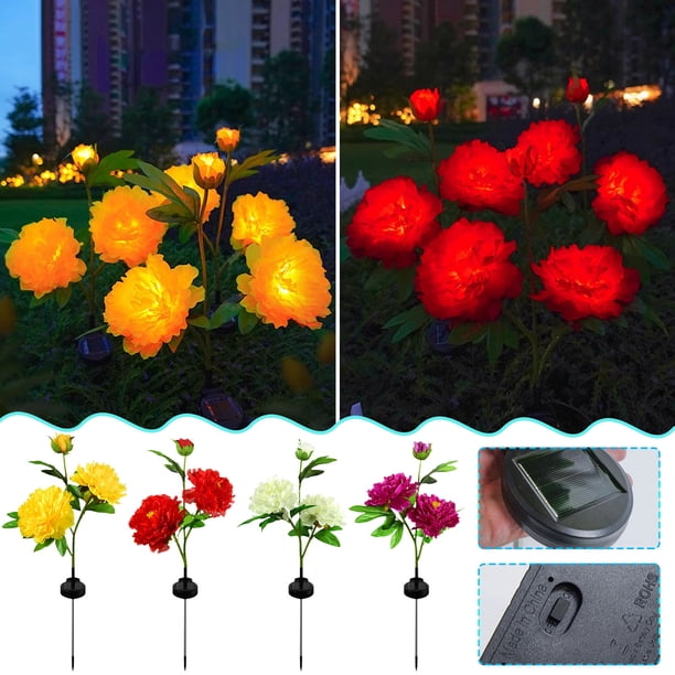 Lámpara solar de flor de peonía - Lámpara de estaca exterior de 3 cabezales con clasificación IP65 de impermeabilización, iluminación decorativa solar para jardín y sendero