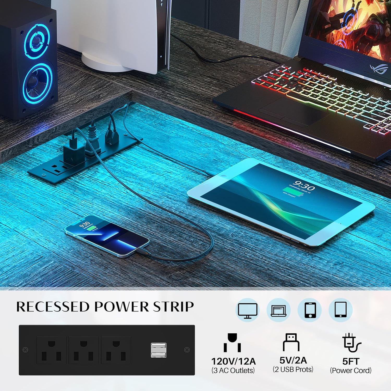 Homieasy L Shaped Desk with File Drawer, Reversible L Shaped Computer Desk with Power Outlet & LED Lights, Home Office Desk Corner Desk with Monitor Shelf and Printer Cabinet, Black Oak