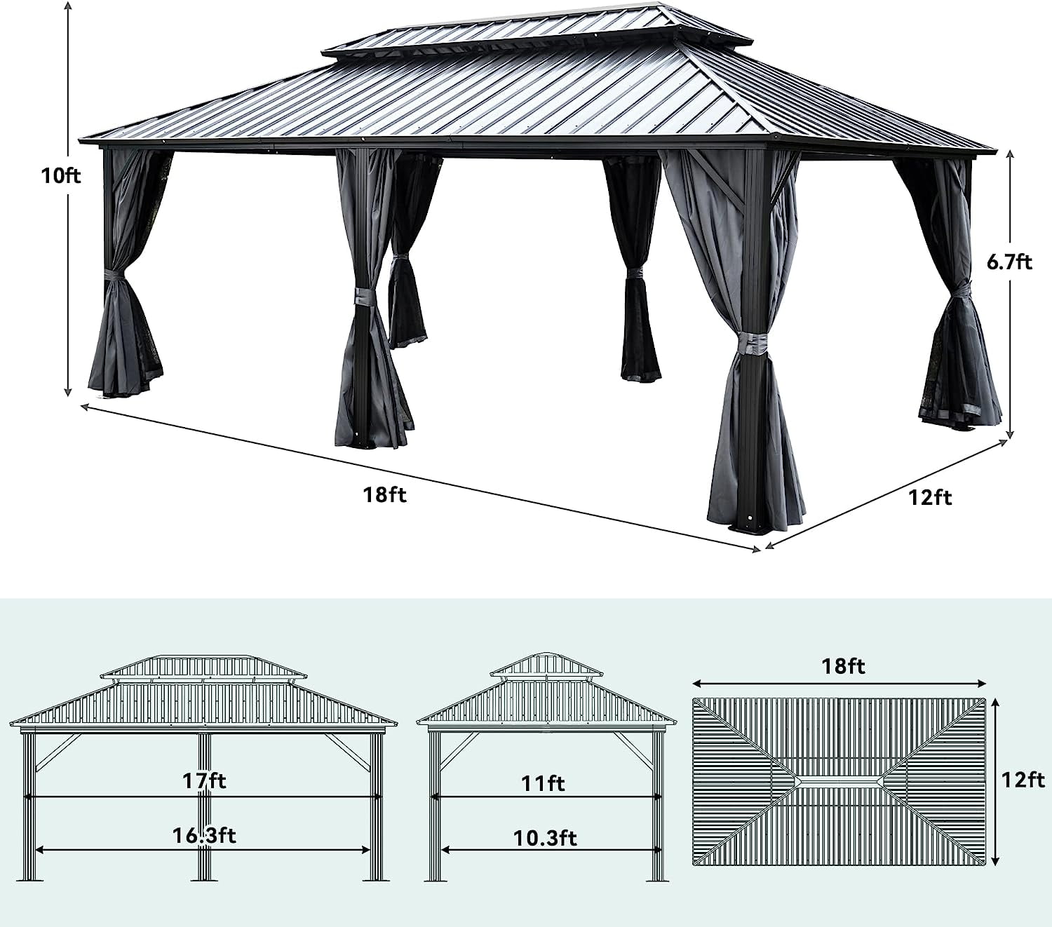 Dextrus Double Roof Hardtop Gazebo, Heavy Duty Hardtop with Netting and Curtains, Outdoor Galvanized Steel Combined of Vertical Stripes Roof for Patio, Backyard, Deck, Lawns-12x18ft, Gray