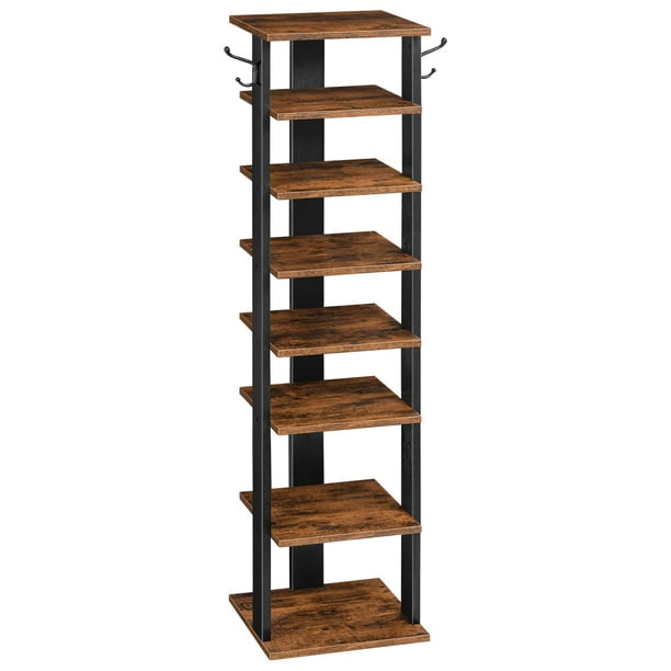 HOOBRO Zapatero Vertical de 8 Niveles, Organizador de Almacenamiento de Zapatos de Madera con Ganchos, Torre de Zapatos Estrecha para 8 Pares, Ahorro de Espacio, para Entrada, Sala de Estar, Dormitori