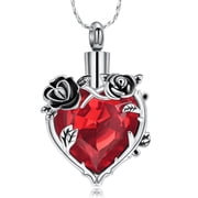 Simulated Birthstone Rose Flower Cremation Urn Necklace for Ashes Simulated Birthstone Heart Memorial Cremation Ash Jewelry Keepsake Pendant Necklace