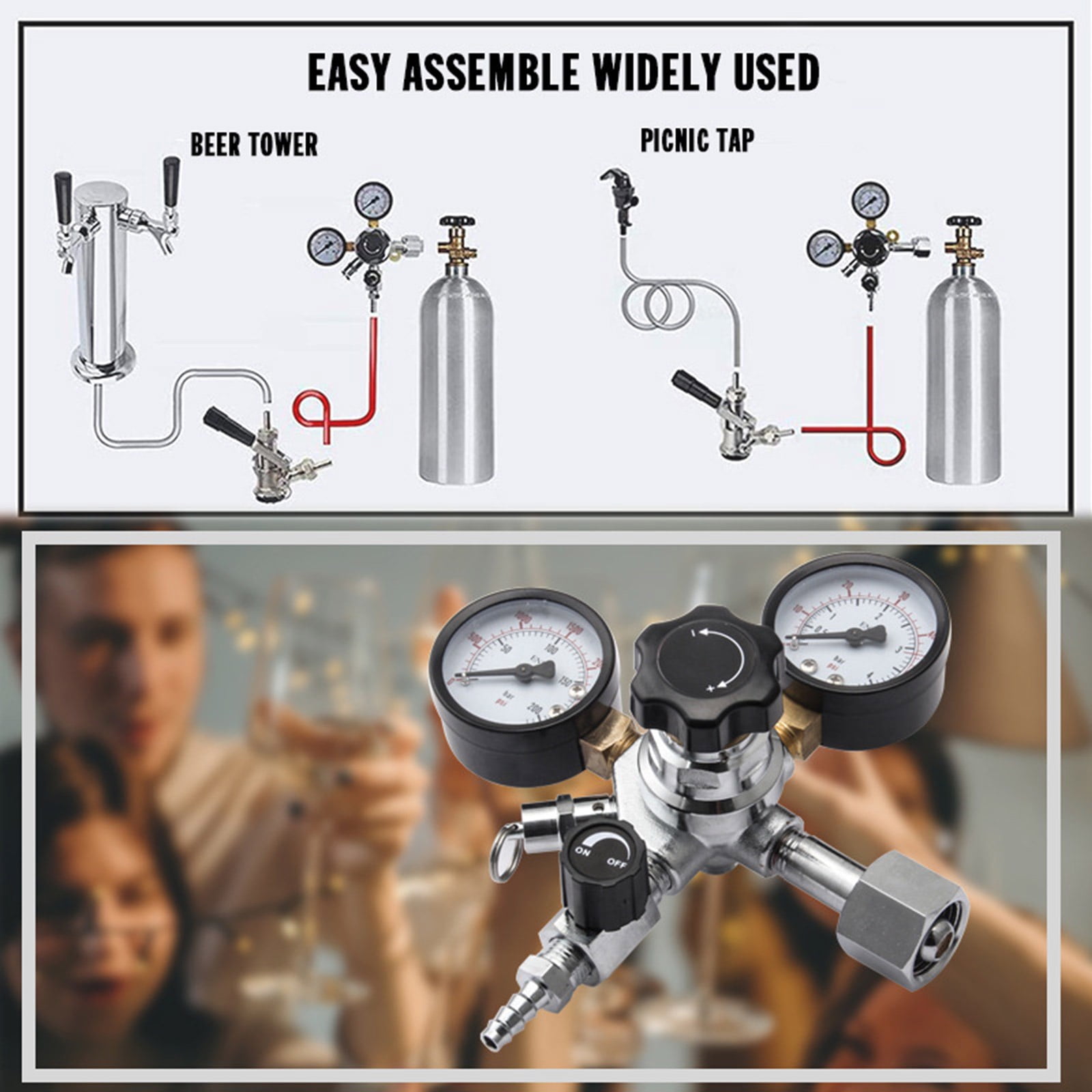 Efficient Double Stage Co2 Pressure Regulator with Control Valves Kegs Kegerator for Restaurants and Home Gatherings