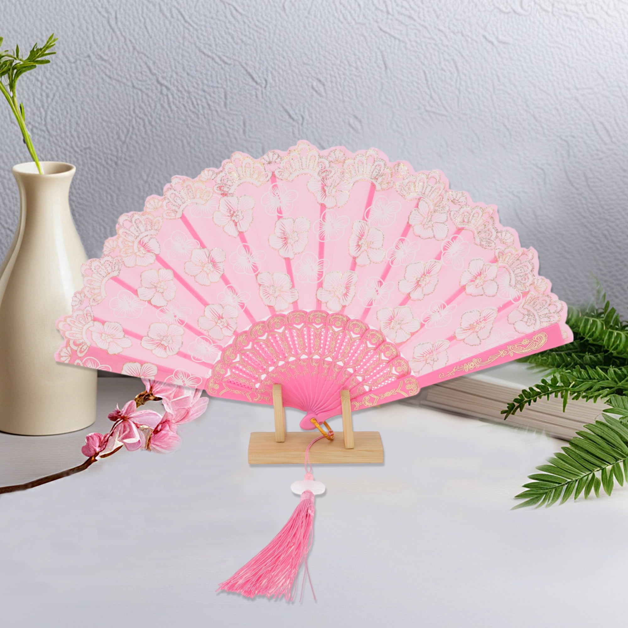 Unique Bargains Elegant Cherry Blossom With Tassel Folding Fan 1 Pc Pink