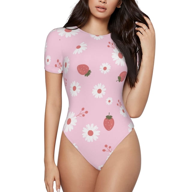 Balery Hand Drawn Strawberry Body de cuello redondo de manga corta para mujer Tops de manga corta Tops básicos-X-Large