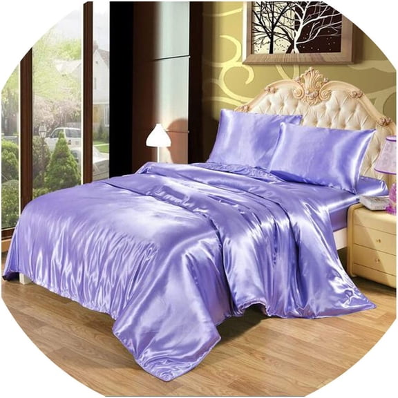Vuvet Bedding 100% Pure Silk Sateen Sheet Set | 4 Pcs | Fitted Sheet Fits Up to 15" Deep Pocket Mattress | Flat Sheet Fitted Sheet & Pillowcase Set | Wrinkle Free Fade Resistant (Short Queen, Lilac)