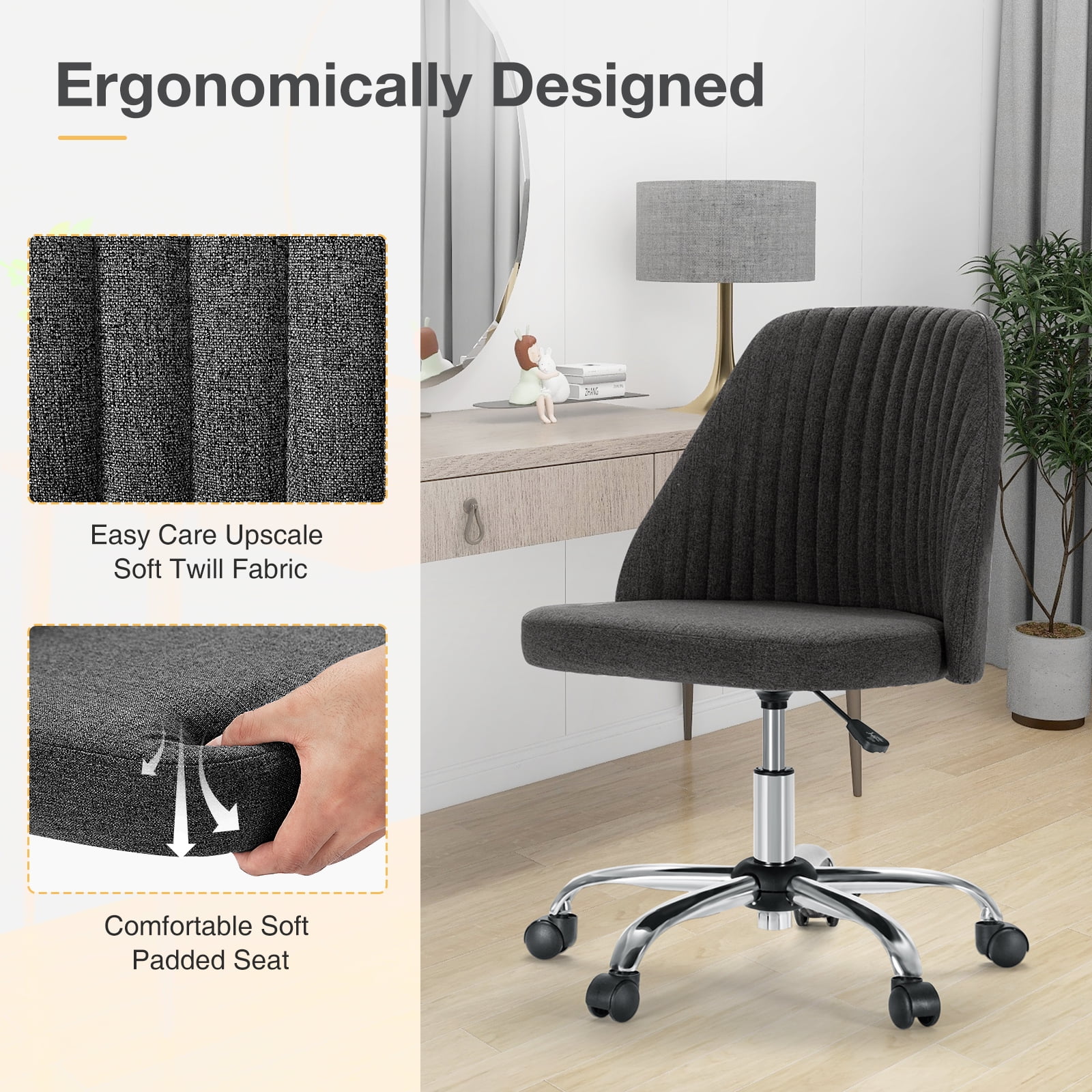 JOINSUN Mid-Back Vanity Chair, Adjustable Rolling Chair, Armless Modern Design for Home Office, Makeup & Small Spaces - Light Gray